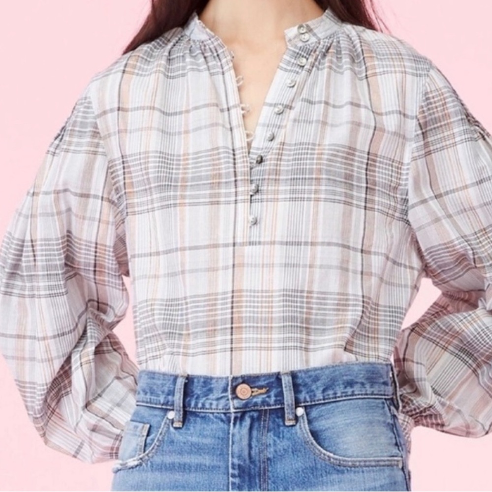 REBECCA TAYLOR La Vie Plaid Button Blouse Balloon Sleeves. Cream Copper. Size M